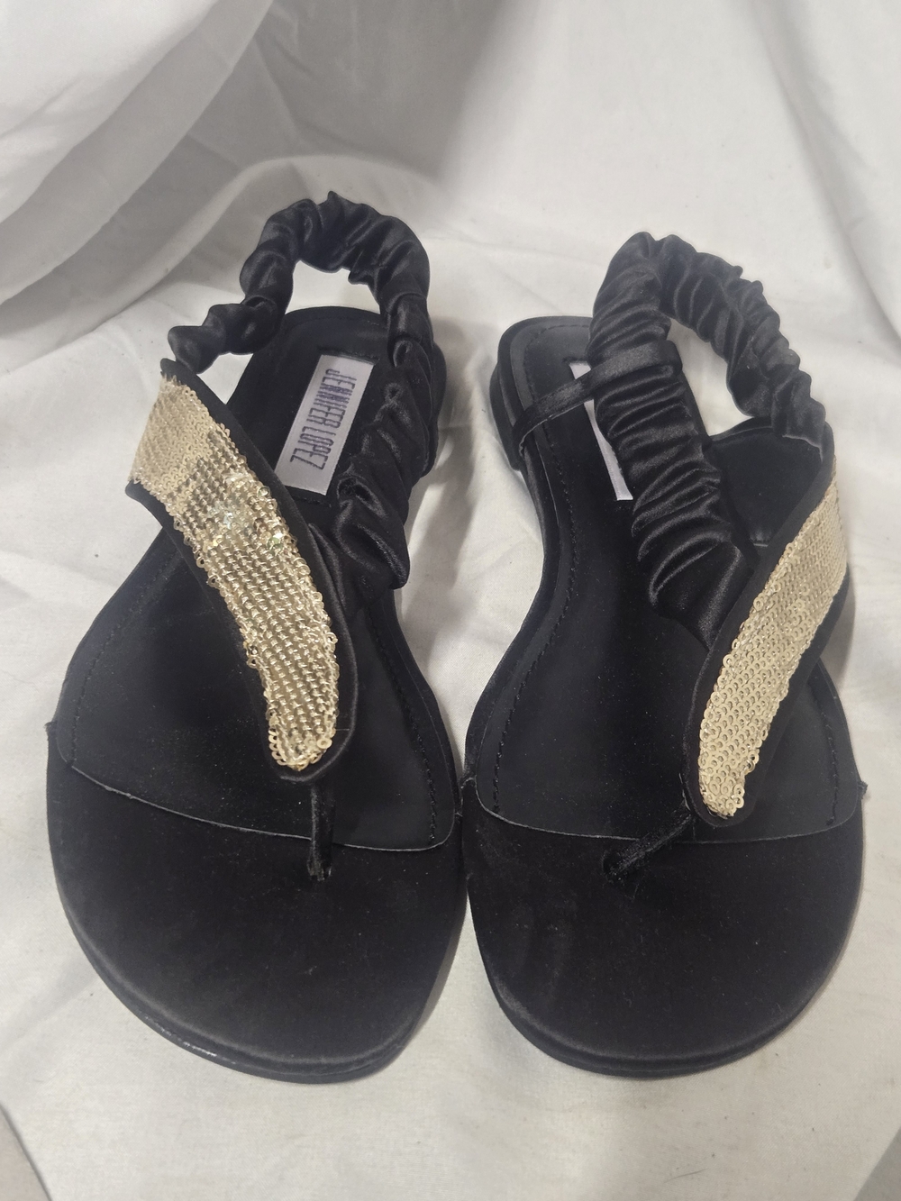 Beaded Black Slingback Sandals with Gold Sequin Accent